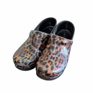 Dansko Slip On Clogs Sz 38 Petrol Patent Leopard Print Nurse Shoes Colorful Fun